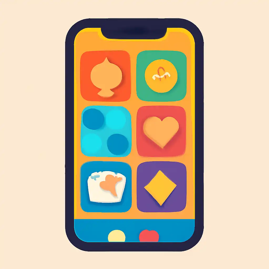 Smartphone shown from the front displaying a colourful flat layout of abstract game icons and rounded tiles, Rummy Wealth
