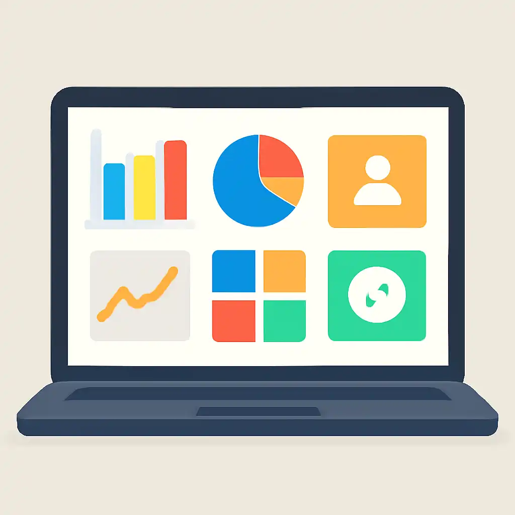 Laptop shown from the front displaying a colourful flat dashboard of abstract charts, bars and icon tiles, Rummy Wealth