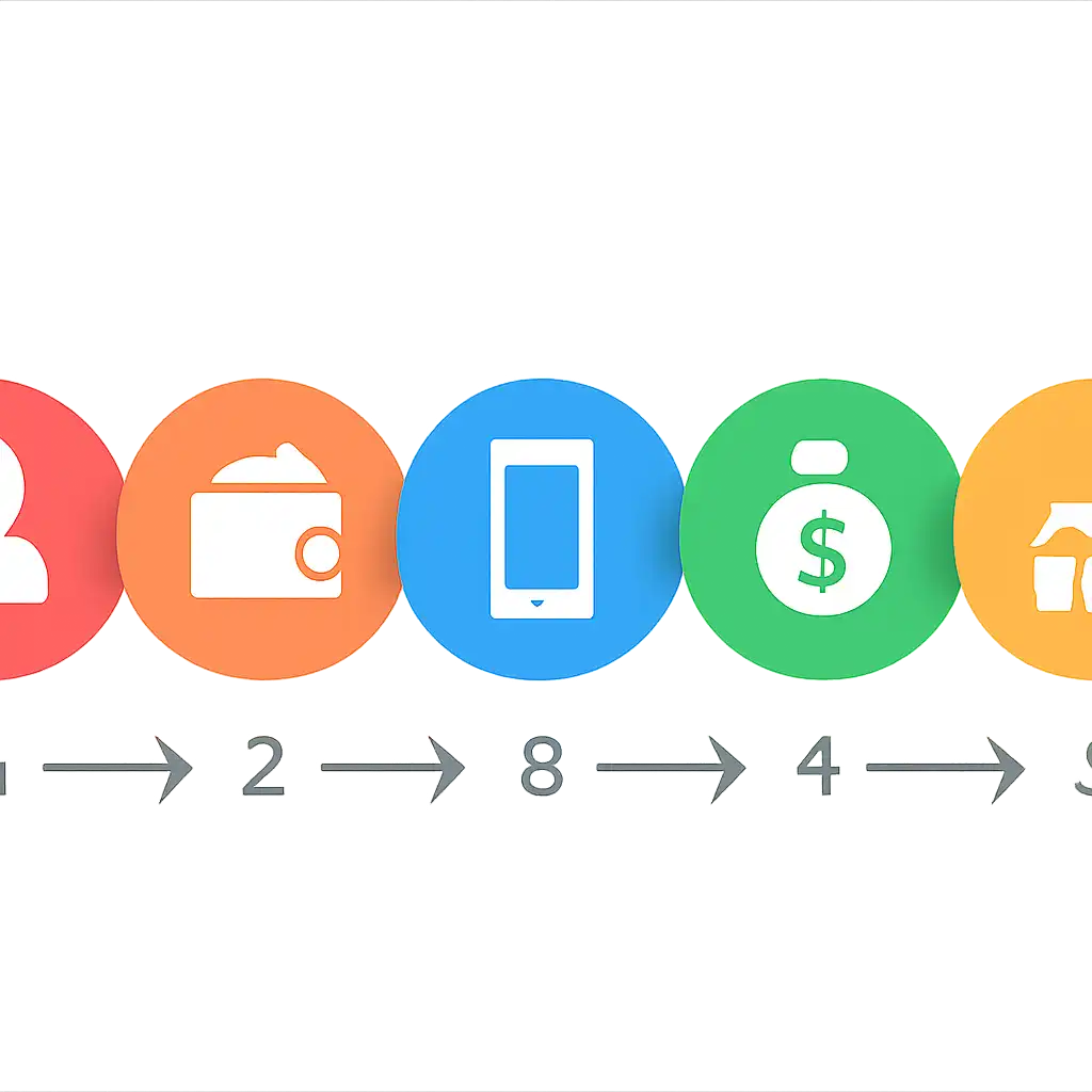 Five numbered circular icons connected by arrows in a horizontal flow, Rummy Wealth steps