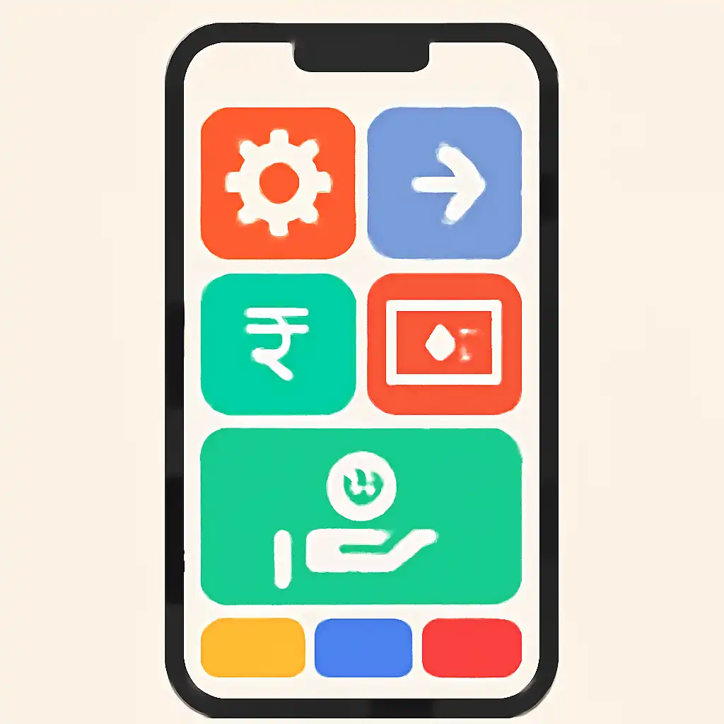 Smartphone shown from the front displaying a colourful flat layout of abstract game icons and rounded tiles, Rummy Wealth
