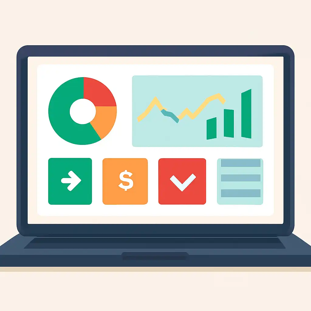 Laptop shown from the front displaying a colourful flat dashboard of abstract charts, bars and icon tiles, Rummy Wealth