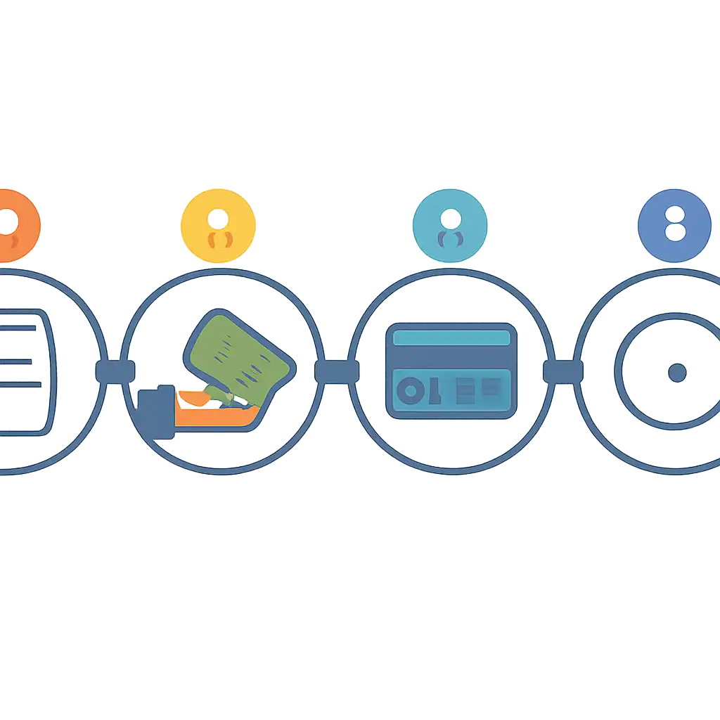 Five numbered circular icons connected by arrows in a horizontal flow, Rummy Wealth Withdrawal Process and Timelines steps