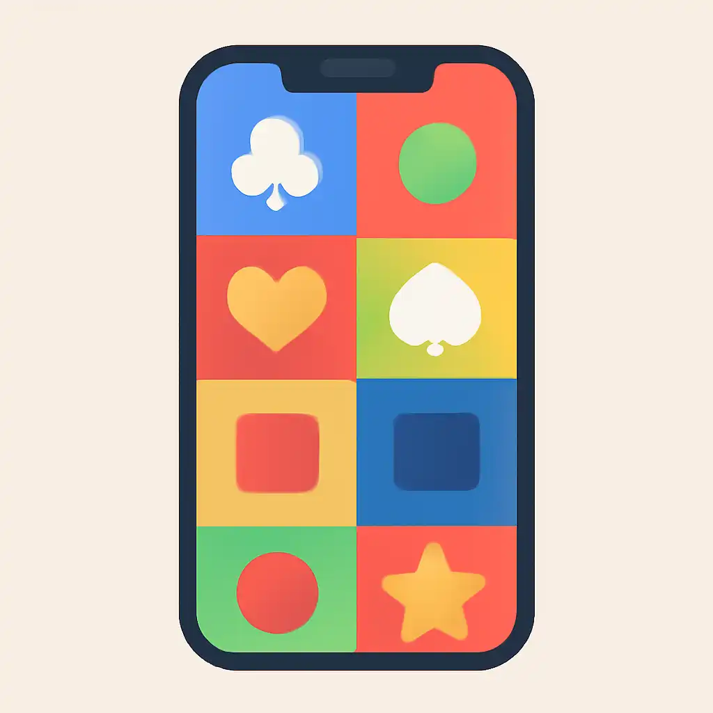 Smartphone shown from the front displaying a colourful flat layout of abstract game icons and rounded tiles, Is Rummy