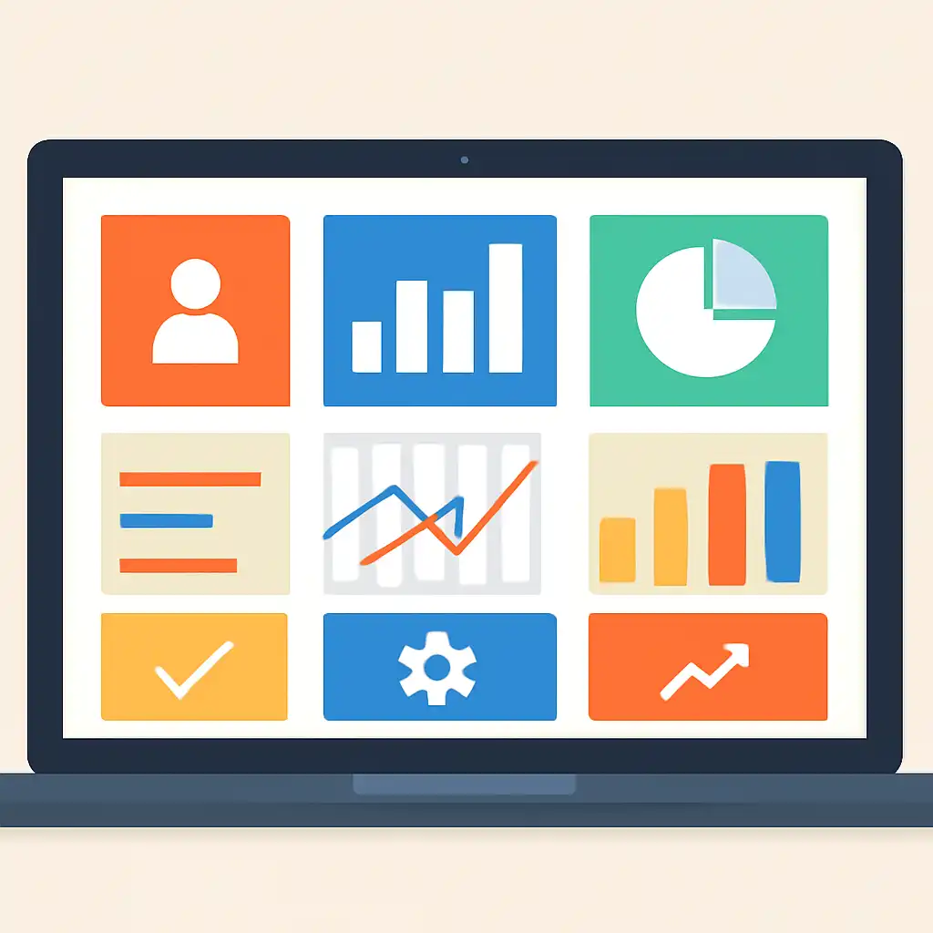 Laptop shown from the front displaying a colourful flat dashboard of abstract charts, bars and icon tiles, Is Rummy Wealth