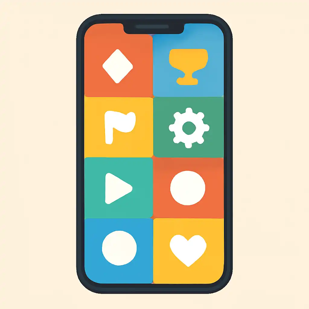 Smartphone shown from the front displaying a colourful flat layout of abstract game icons and rounded tiles, Rummy Wealth