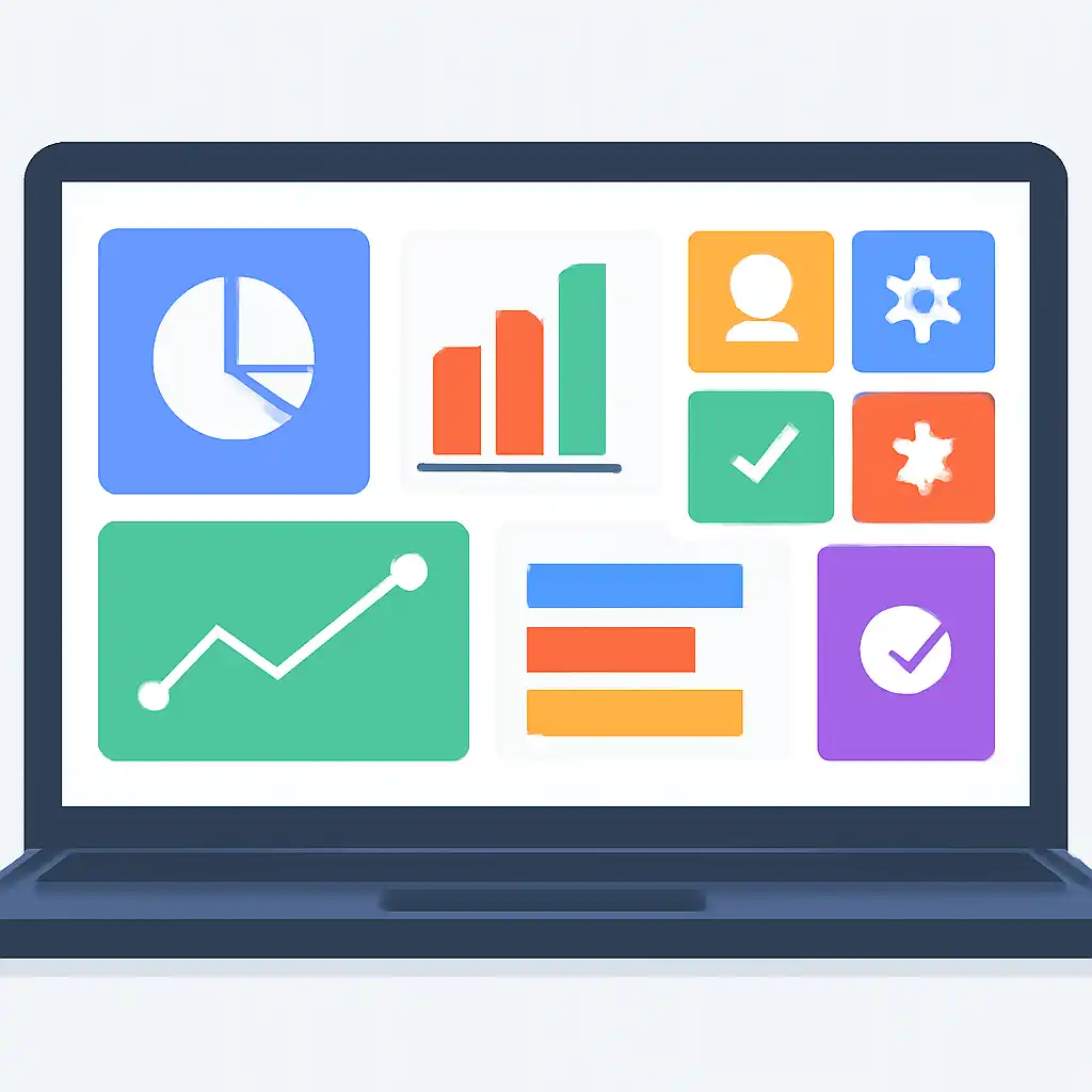 Laptop shown from the front displaying a colourful flat dashboard of abstract charts, bars and icon tiles, Rummy Wealth