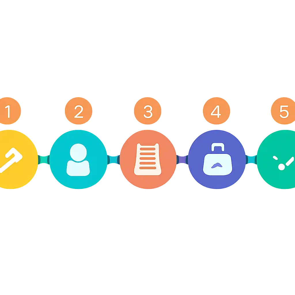 Five numbered circular icons connected by arrows in a horizontal flow, Rummy Wealth Registration and Login Steps steps