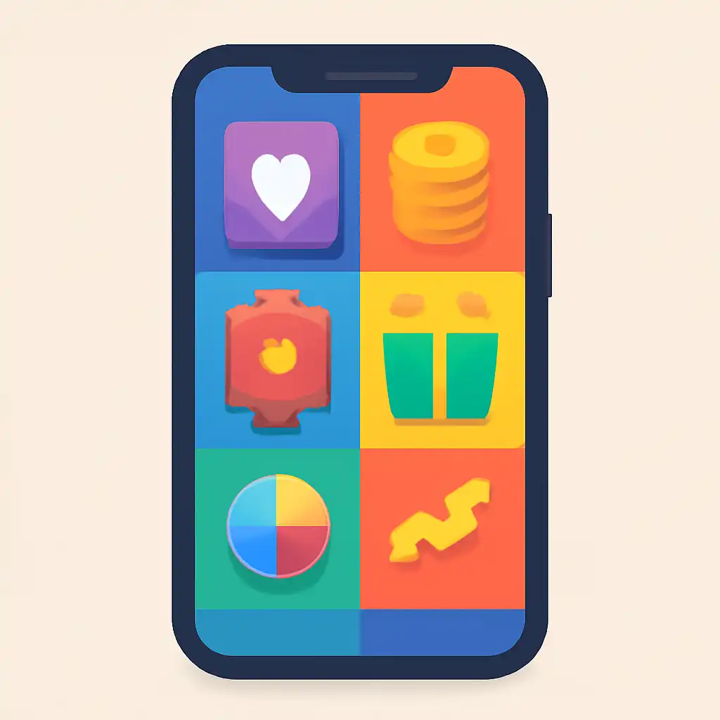 Smartphone shown from the front displaying a colourful flat layout of abstract game icons and rounded tiles, Rummy Wealth