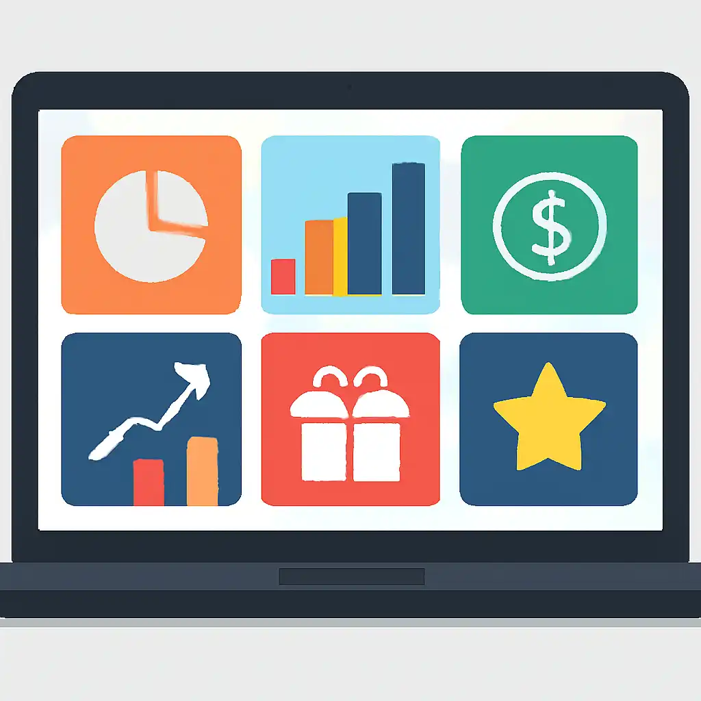 Laptop shown from the front displaying a colourful flat dashboard of abstract charts, bars and icon tiles, Rummy Wealth