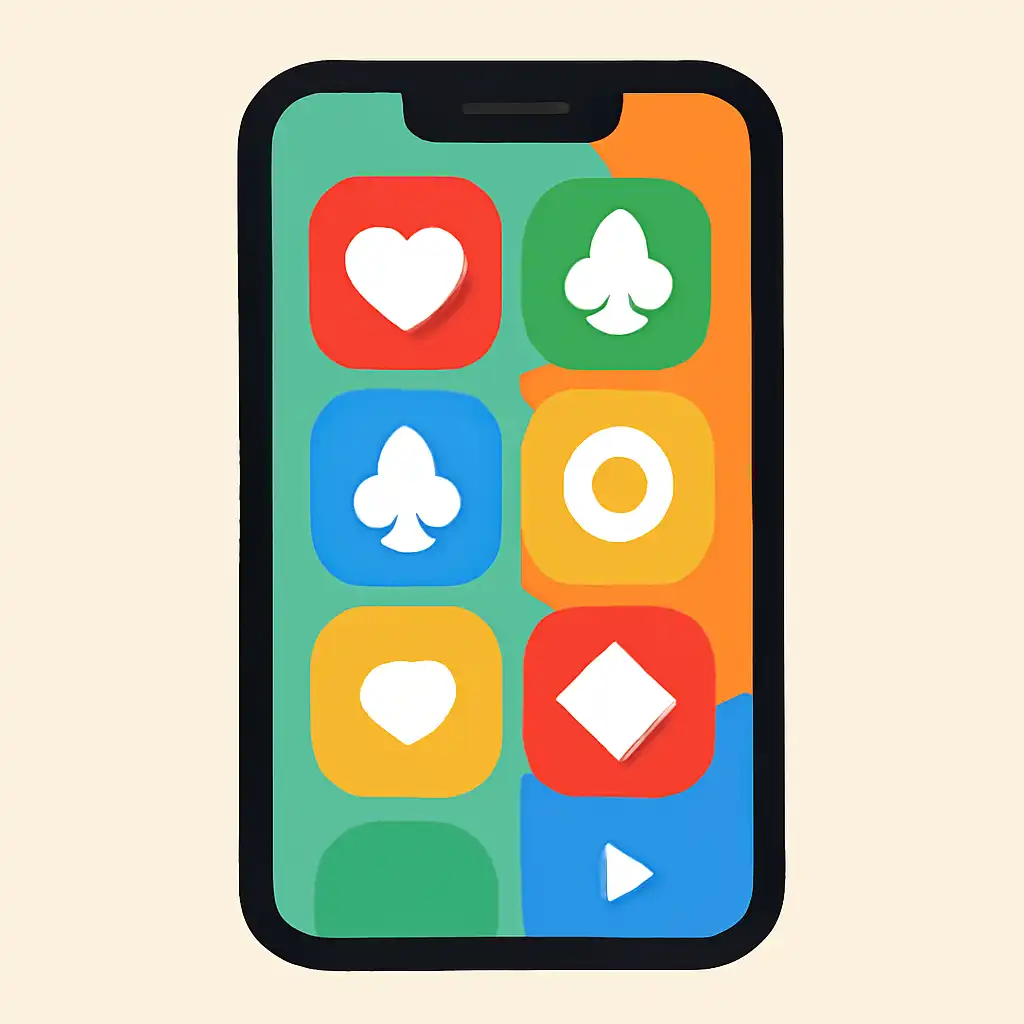 Smartphone shown from the front displaying a colourful flat layout of abstract game icons and rounded tiles, Rummy Wealth