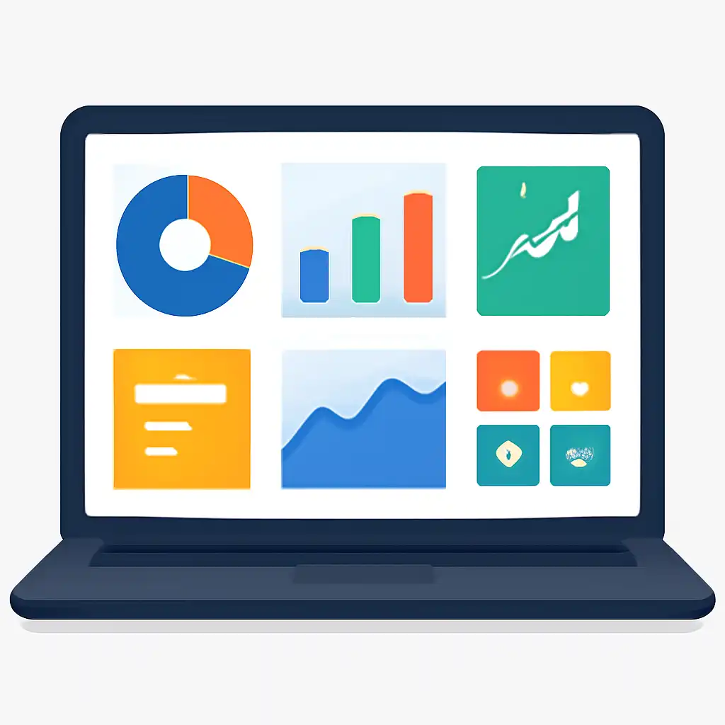 Laptop shown from the front displaying a colourful flat dashboard of abstract charts, bars and icon tiles, Rummy Wealth
