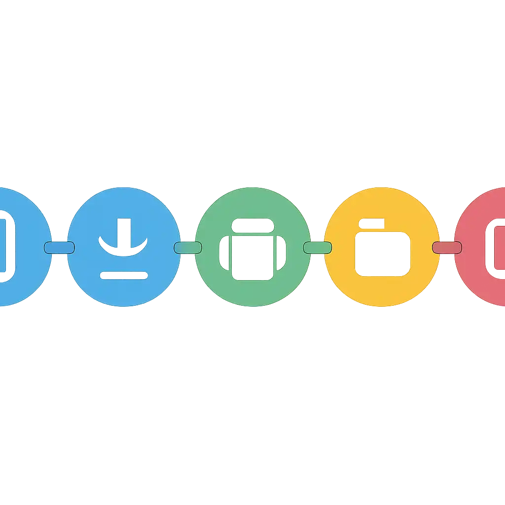 Five numbered circular icons connected by arrows in a horizontal flow, Rummy Wealth: Download and Install on Android steps
