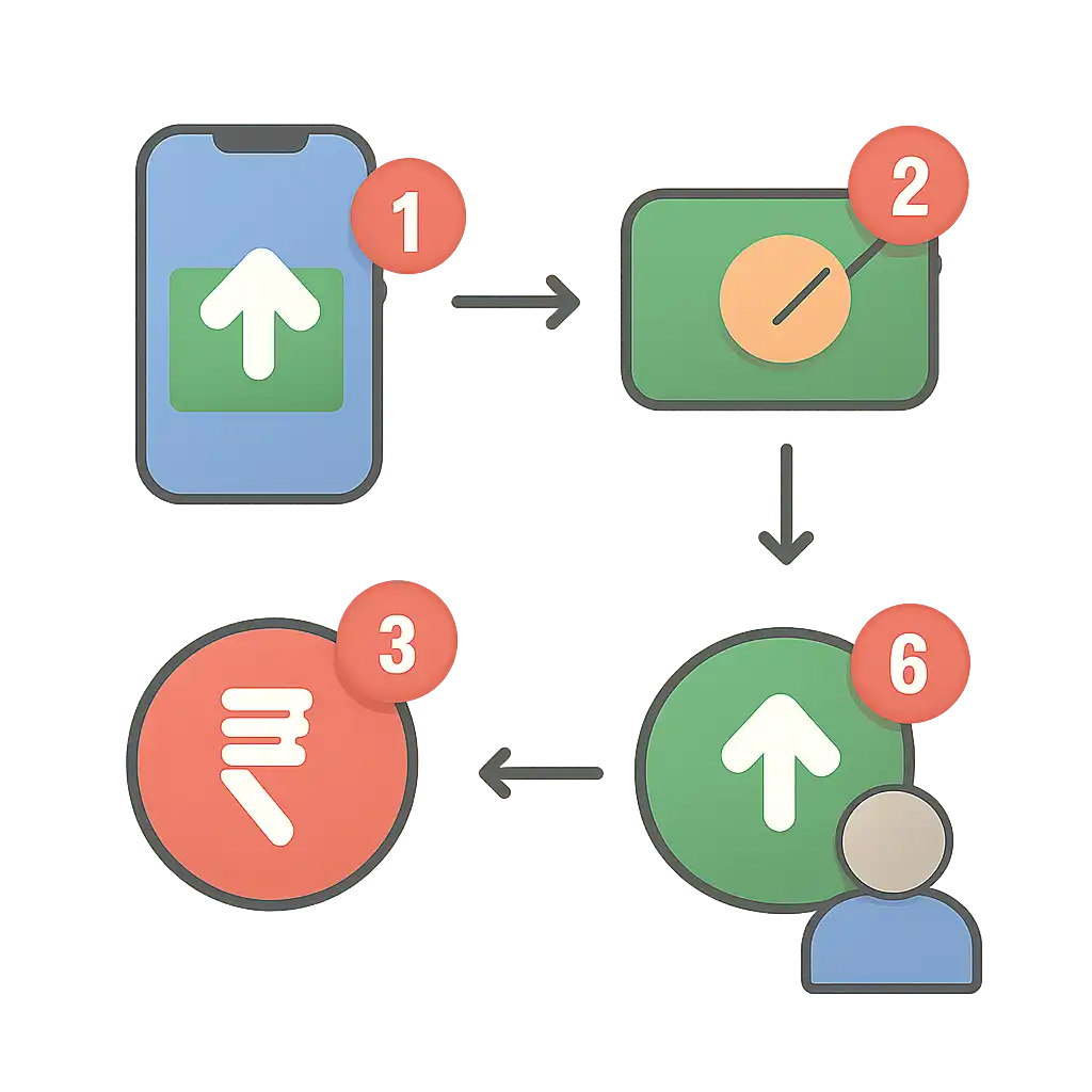 Annotated step diagram: minimum deposit process with numbered callouts, Rummy Wealth