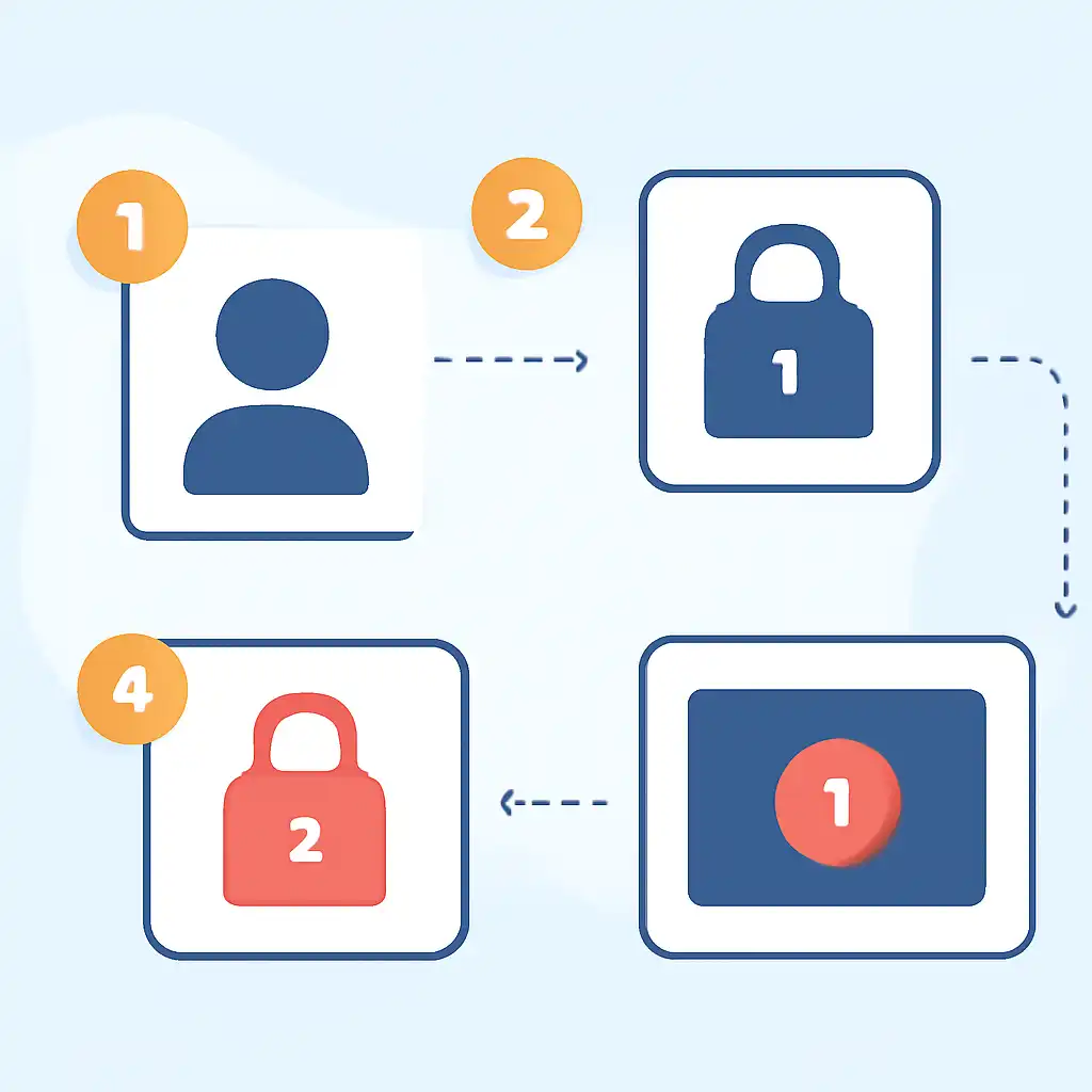 Annotated step diagram: account locked process with numbered callouts, Rummy Wealth