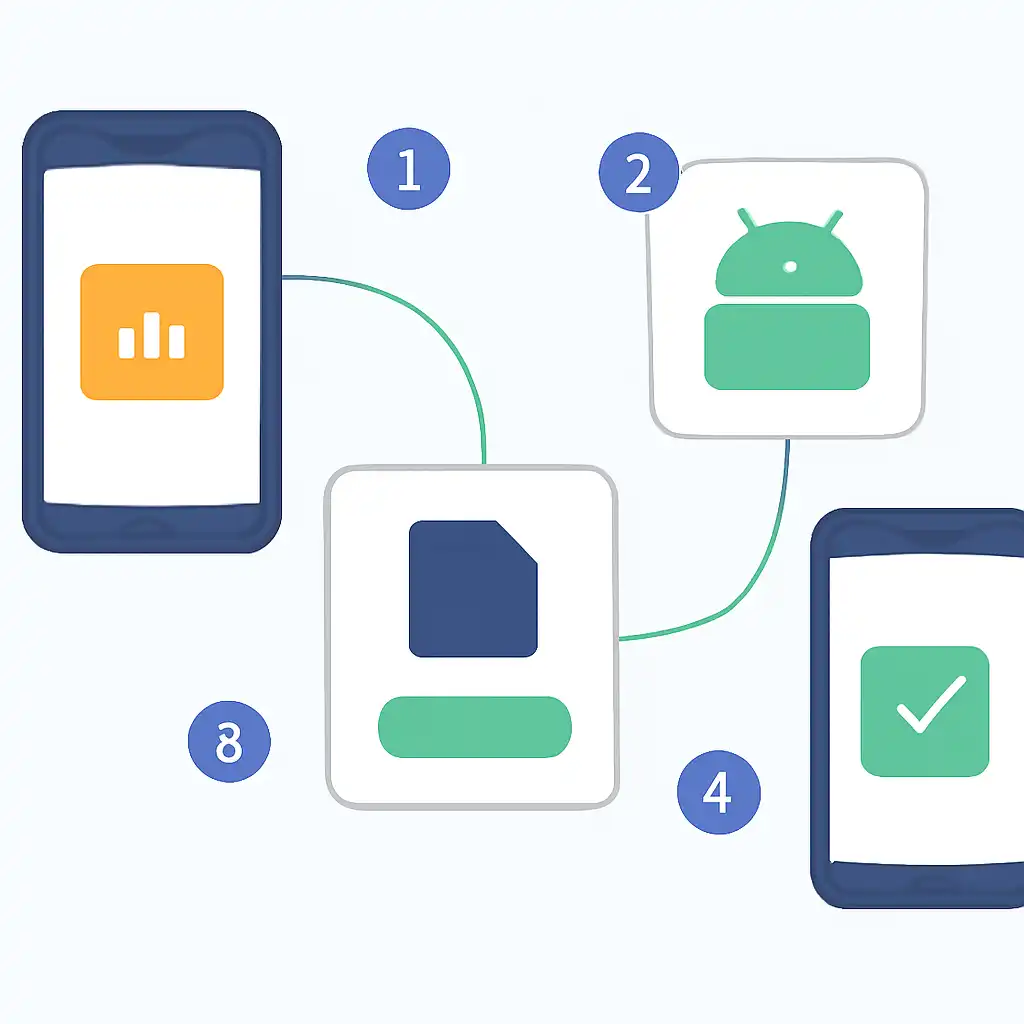 Annotated step diagram: android apk install process with numbered callouts, Rummy Wealth