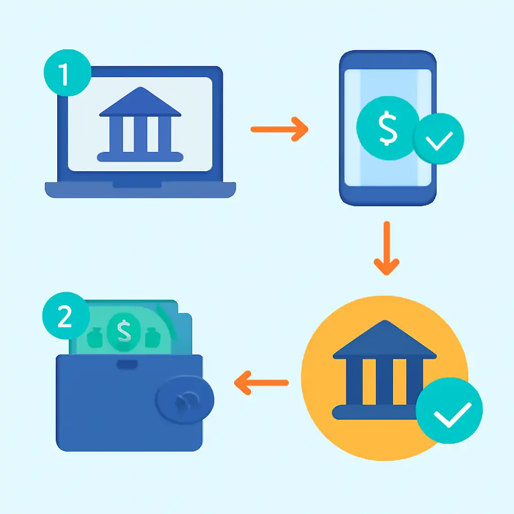 Annotated step diagram: bank transfer times process with numbered callouts, Rummy Wealth