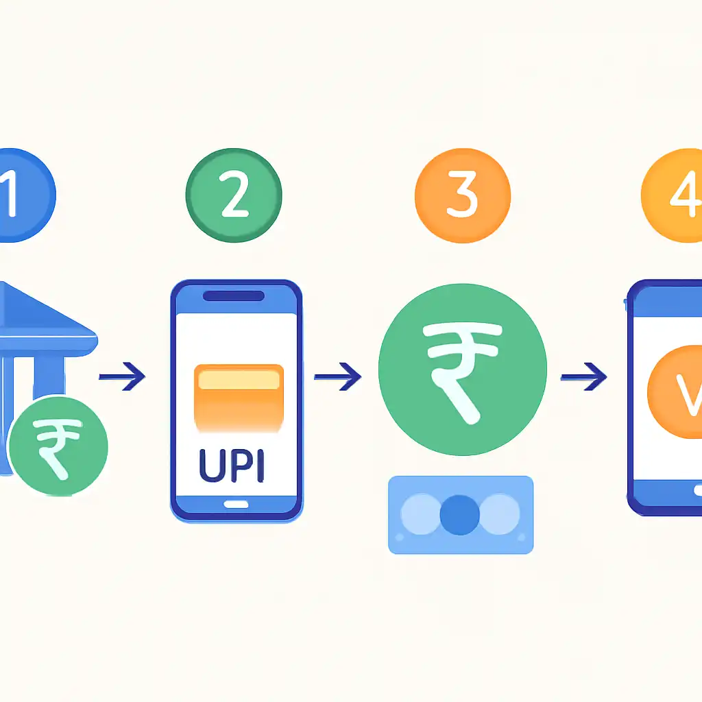 Annotated step diagram: upi deposits process with numbered callouts, Rummy Wealth
