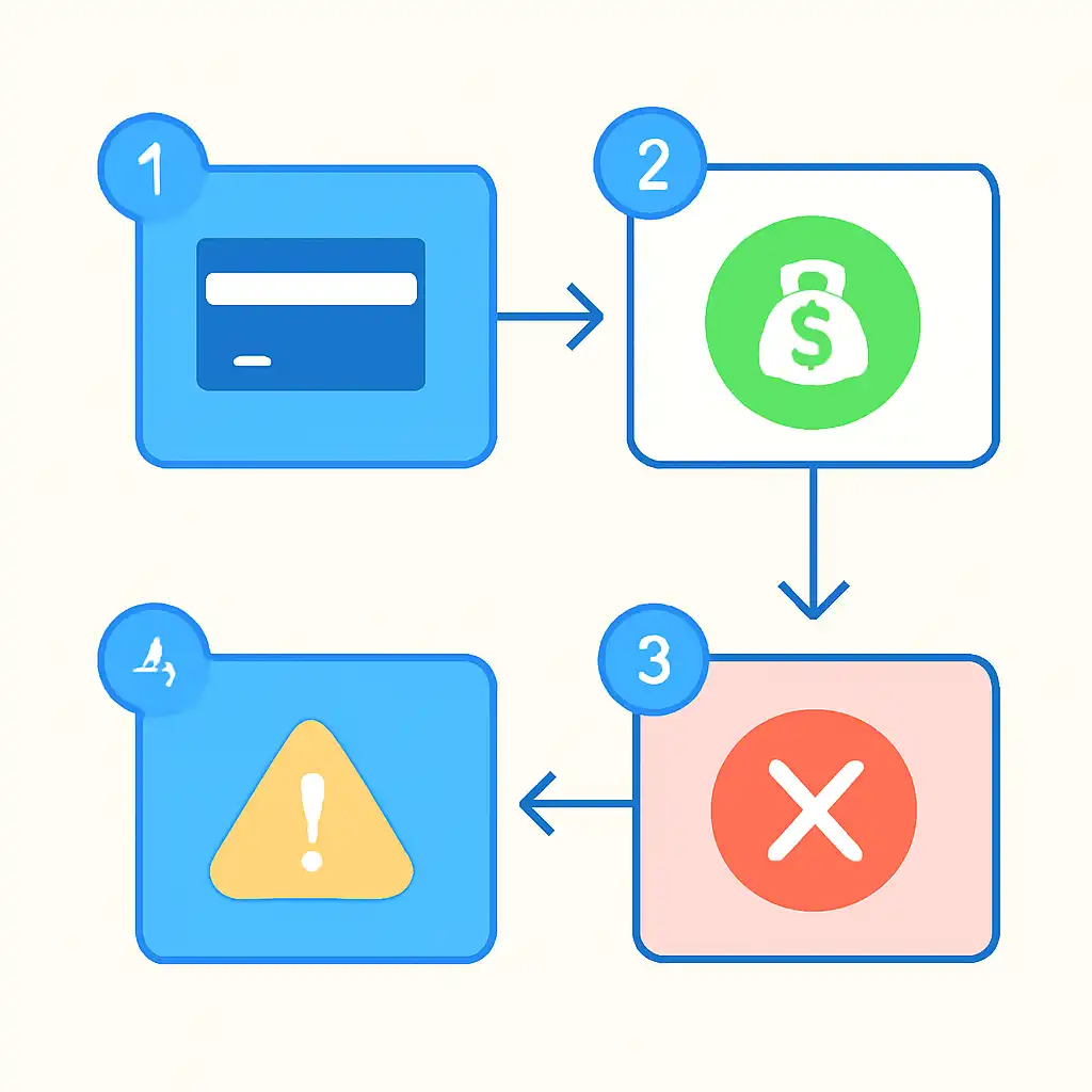 Annotated step diagram: failed transactions process with numbered callouts, Rummy Wealth