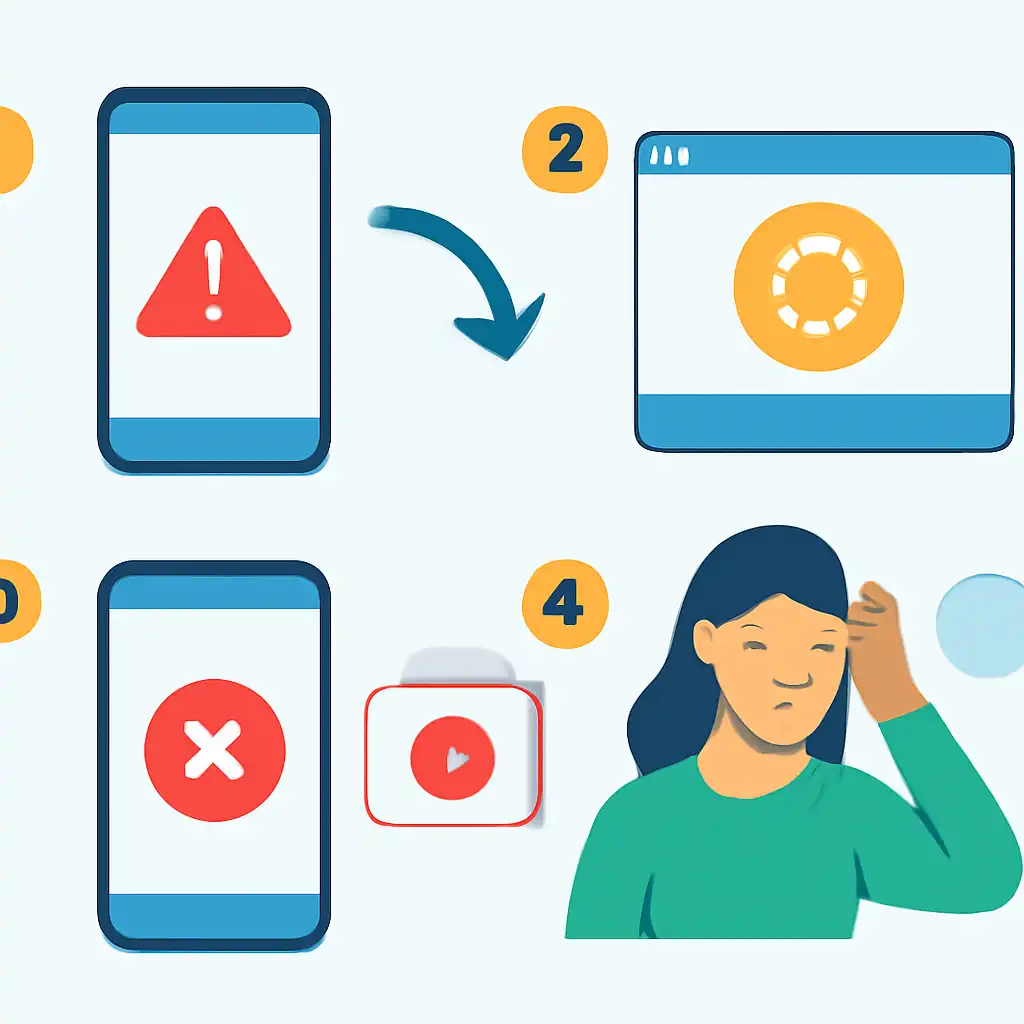 Annotated step diagram: app update problems process with numbered callouts, Rummy Wealth